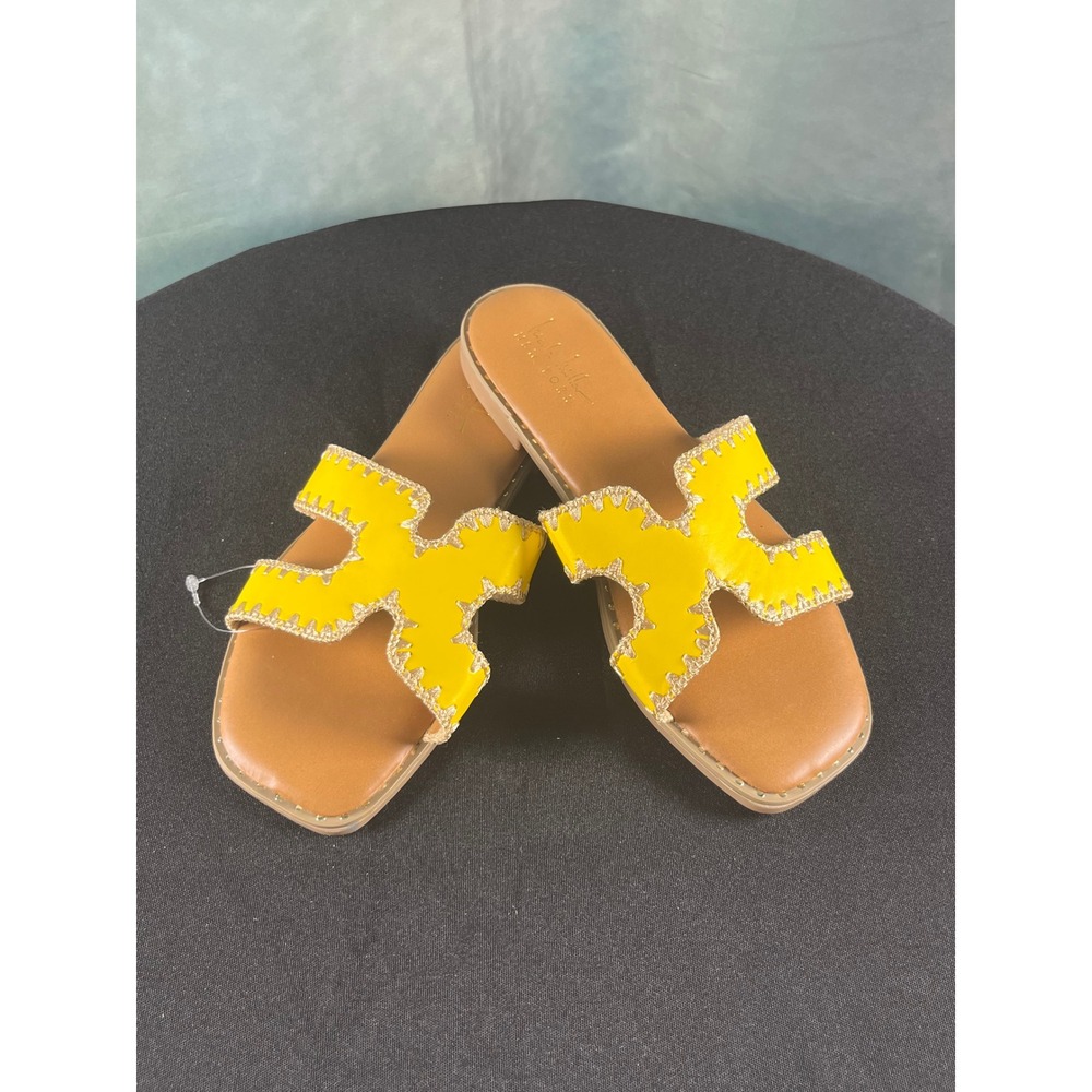 Nicole Miller New York Stoken Yellow Whipstitch Cutout Slide Sandals Womens 6.5